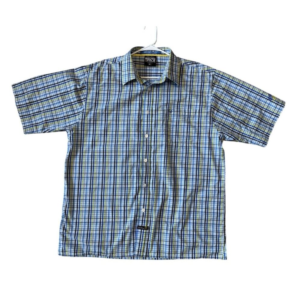 Southpole Mens XL Blue & Yellow Plaid Button-Up Short Sleeve Shirt 100% Cotton